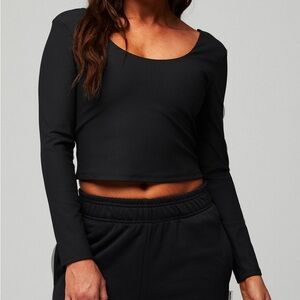 Fabletics Black Ribbed Scoop-Neck Long Sleeve Crop